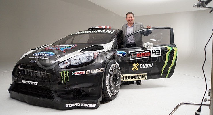 Rodric David with Ken Block's 650hp AWD Ford Fiesta RX43 before the Dubai shoot for Gymkhana 8