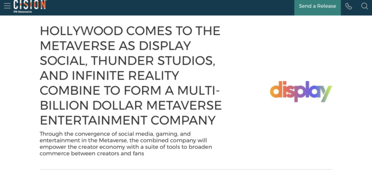 Hollywood Comes to the Metaverse as Display Social, Thunder Studios, and Infinite Reality Combine to Form a Multi-Billion Dollar Metaverse Entertainment Company